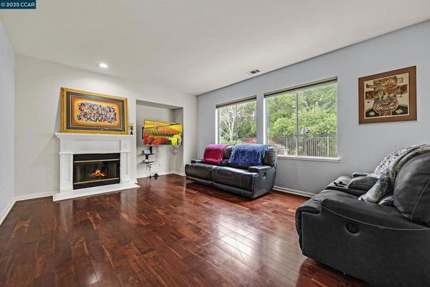 Fireplace, Interior, Living room, Recessed Lighting, Wood Texture Flooring
