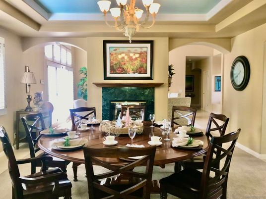 Chandelier, Dining room, Fireplace, Interior