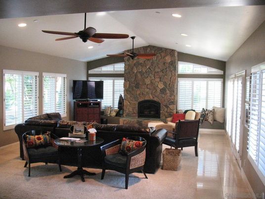 Fireplace, Interior, Living room, Recessed Lighting, Stone Walls