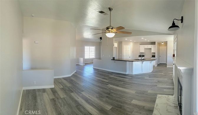 Fireplace, Interior, Kitchen, Pendant Lights, Recessed Lighting, Wood Texture Flooring