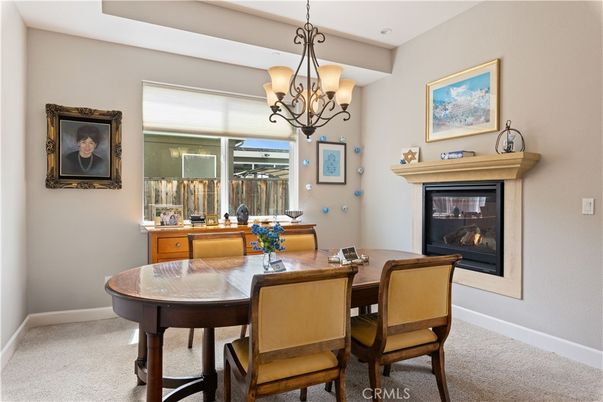 Chandelier, Dining room, Fireplace, Interior