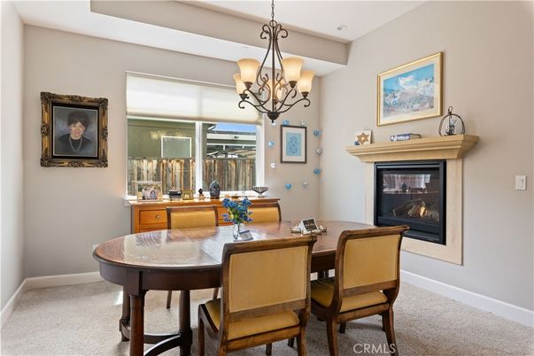 Chandelier, Dining room, Fireplace, Interior