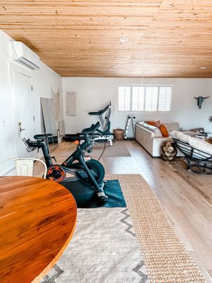 Fitness Equipment, Interior, Living room, Recessed Lighting, Wooden Ceilings, Wood Texture Flooring