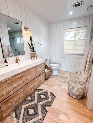 Bathroom, Dual Sink Vanities, Interior, Recessed Lighting, Wood Texture Flooring