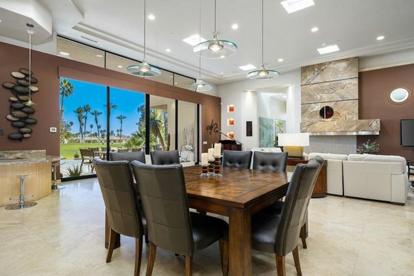 Dining room, Fireplace, Interior, Living room, Pendant Lights, Recessed Lighting