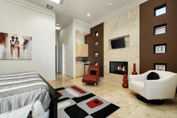 Fireplace, Interior, Recessed Lighting, Stone Walls