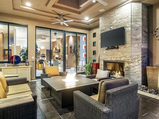 Fireplace, Interior, Living room, Recessed Lighting, Stone Walls
