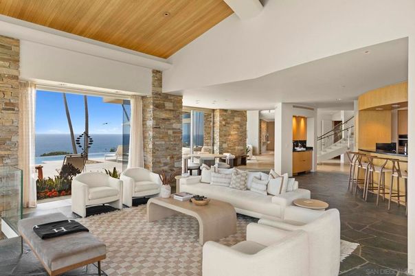 Interior, Kitchen, Living room, Recessed Lighting, Stone Walls, Water, Wooden Ceilings