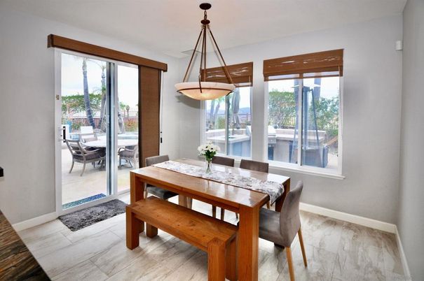 Dining room, Interior, Marble, Pendant Lights, Wood Texture Flooring