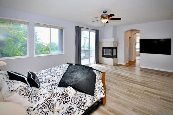 Bedroom, Fireplace, Interior, Wood Texture Flooring
