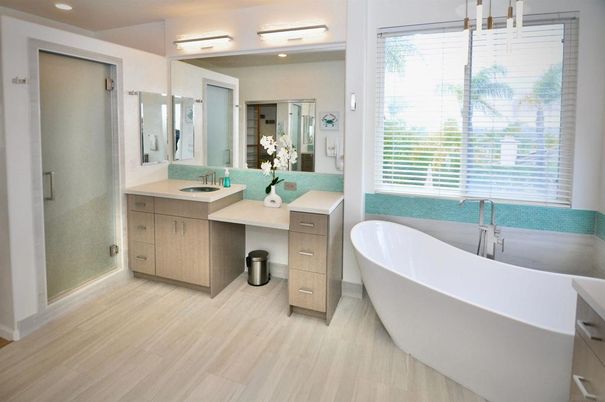 Bathroom, Dual Sink Vanities, Free Standing Baths, Glass Shower, Interior, Recessed Lighting, Wood Texture Flooring