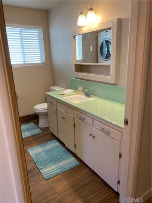 Bathroom, Interior, Tile Countertops, Wood Texture Flooring