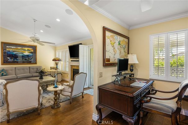Fireplace, Home Office, Interior, Living room, Recessed Lighting, Wood Texture Flooring