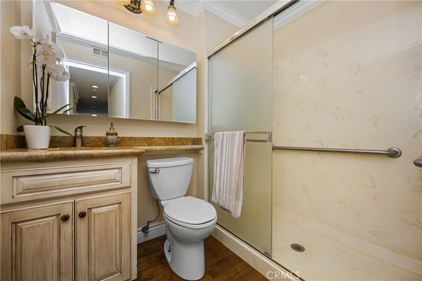 Bathroom, Glass Shower, Interior, Wood Texture Flooring