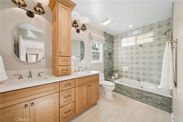 Bathroom, Dual Sink Vanities, Interior, Recessed Lighting, Wood Texture Flooring