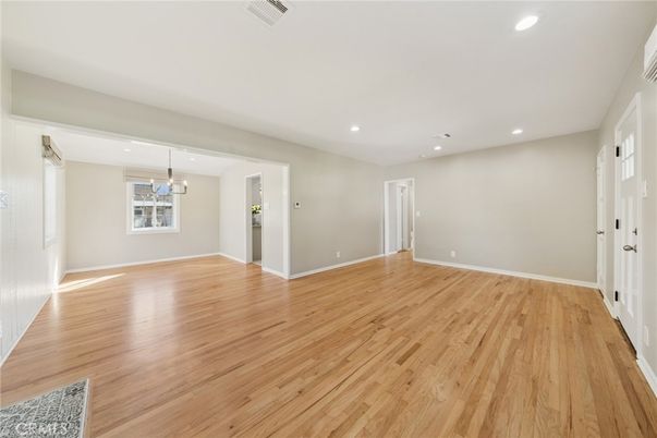 Empty room, Interior, Pendant Lights, Recessed Lighting, Wood Texture Flooring