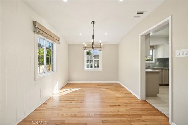 Chandelier, Empty room, Interior, Kitchen, Recessed Lighting, Wood Texture Flooring