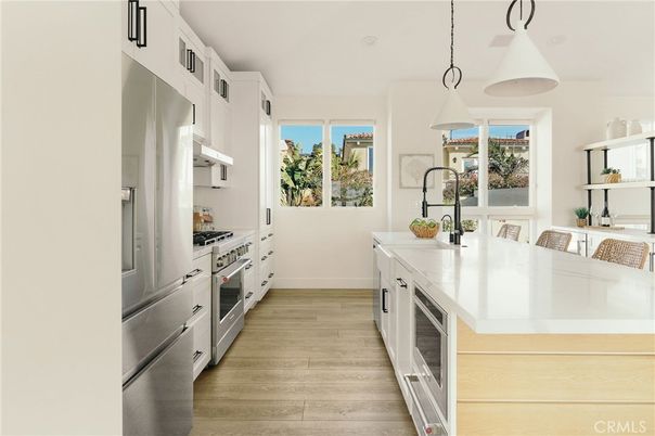Interior, Kitchen, Pendant Lights, Stainless Steel Appliances, Wood Texture Flooring