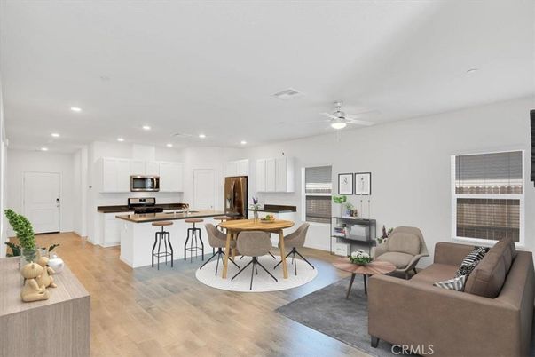 Dining room, Interior, Kitchen, Living room, Recessed Lighting, Stainless Steel Appliances, Wood Texture Flooring