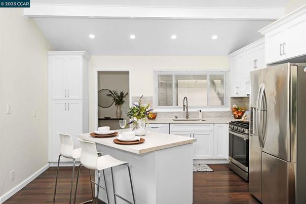 Interior, Kitchen, Recessed Lighting, Stainless Steel Appliances, Wood Texture Flooring