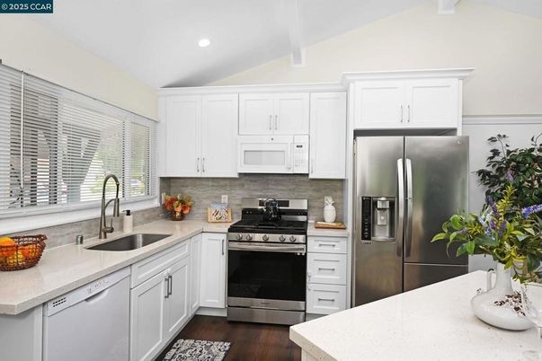 Interior, Kitchen, Recessed Lighting, Stainless Steel Appliances, Wood Texture Flooring