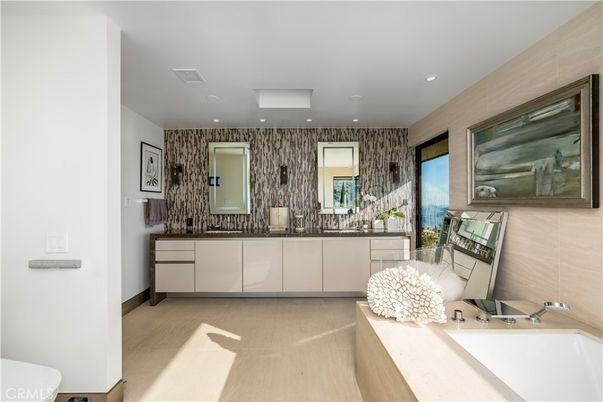 Bathroom, Dual Sink Vanities, Interior, Recessed Lighting, Wood Texture Flooring