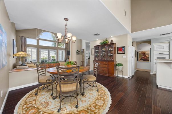 Chandelier, Dining room, Interior, Recessed Lighting, Wood Texture Flooring