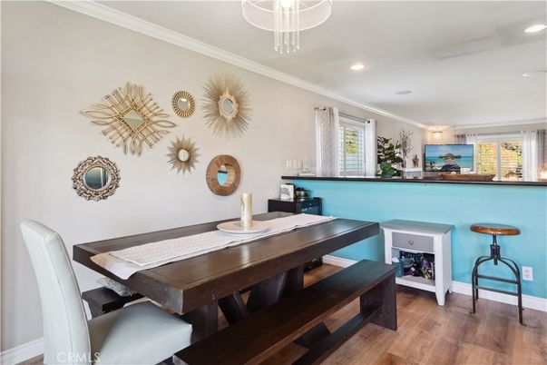 Dining room, Interior, Pendant Lights, Recessed Lighting, Wood Texture Flooring