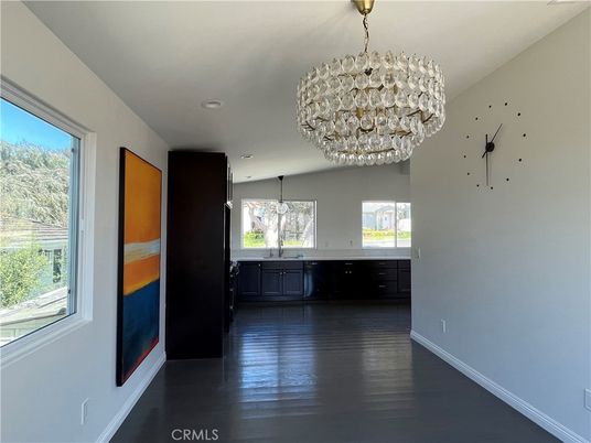 Chandelier, Empty room, Interior, Recessed Lighting, Wood Texture Flooring