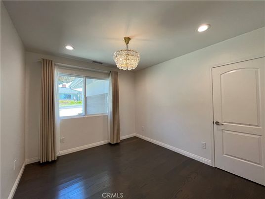Chandelier, Empty room, Interior, Recessed Lighting, Wood Texture Flooring