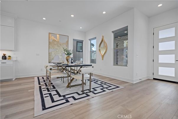 Dining room, Interior, Recessed Lighting, Wood Texture Flooring