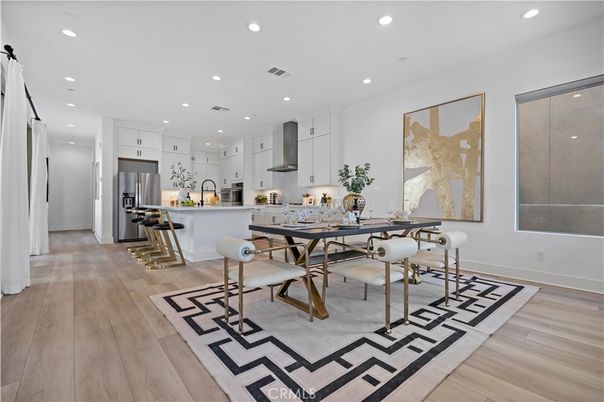 Dining room, Interior, Kitchen, Recessed Lighting, Stainless Steel Appliances, Wood Texture Flooring