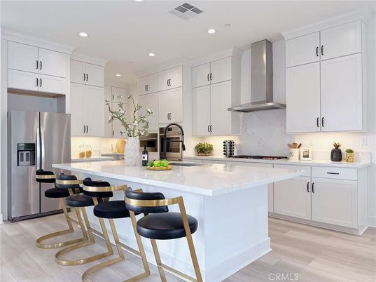 Interior, Kitchen, Marble Walls, Recessed Lighting, Stainless Steel Appliances, Wood Texture Flooring