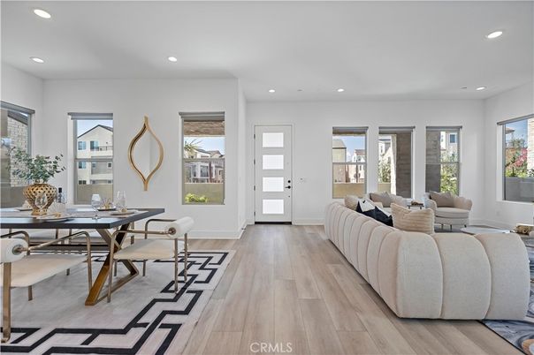Dining room, Interior, Living room, Recessed Lighting, Wood Texture Flooring