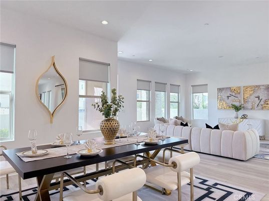 Dining room, Interior, Living room, Recessed Lighting, Wood Texture Flooring