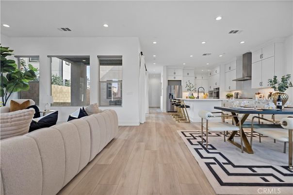 Dining room, Interior, Kitchen, Living room, Recessed Lighting, Stainless Steel Appliances, Wood Texture Flooring