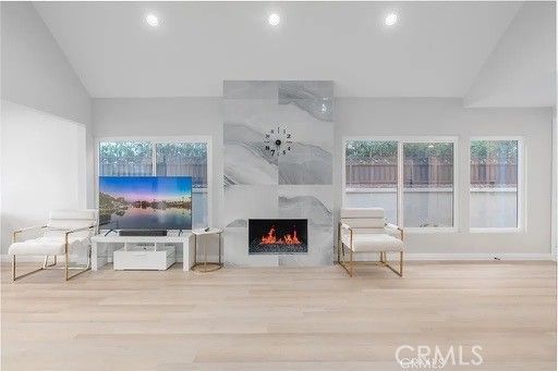 Fireplace, Interior, Living room, Recessed Lighting, Wood Texture Flooring