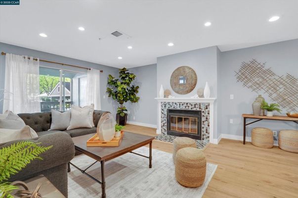 Fireplace, Interior, Living room, Recessed Lighting, Wood Texture Flooring