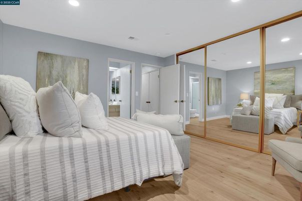 Bedroom, Interior, Recessed Lighting, Wood Texture Flooring
