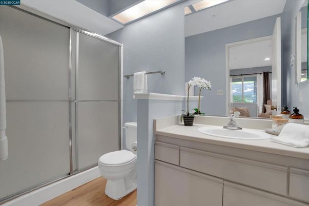 Bathroom, Glass Shower, Interior, Recessed Lighting, Wood Texture Flooring