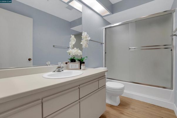 Bathroom, Glass Shower, Interior, Wood Texture Flooring