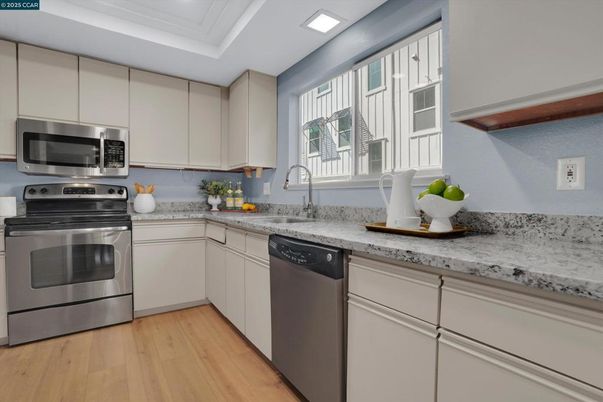 Interior, Kitchen, Recessed Lighting, Stainless Steel Appliances, Wood Texture Flooring