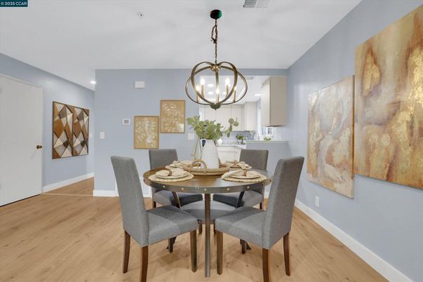 Dining room, Interior, Pendant Lights, Recessed Lighting, Wood Texture Flooring