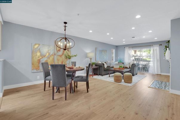 Chandelier, Dining room, Interior, Living room, Pendant Lights, Recessed Lighting, Wood Texture Flooring