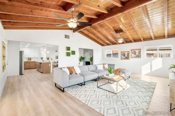 Interior, Kitchen, Living room, Pendant Lights, Recessed Lighting, Wooden Beams, Wooden Ceilings, Wood Texture Flooring