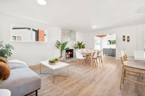Dining room, Fireplace, Interior, Living room, Recessed Lighting, Wood Texture Flooring