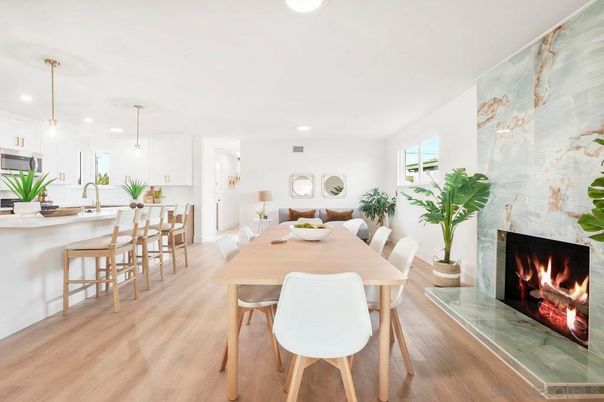 Dining room, Fireplace, Interior, Kitchen, Pendant Lights, Recessed Lighting, Wood Texture Flooring