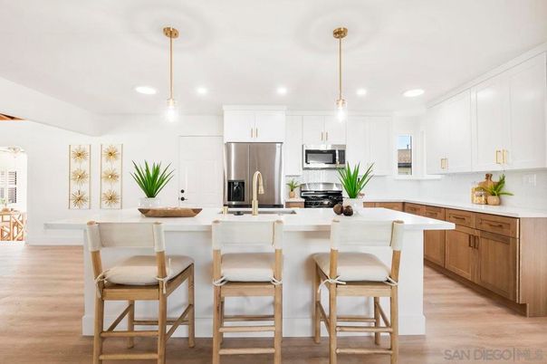 Interior, Kitchen, Pendant Lights, Recessed Lighting, Stainless Steel Appliances, Wood Texture Flooring