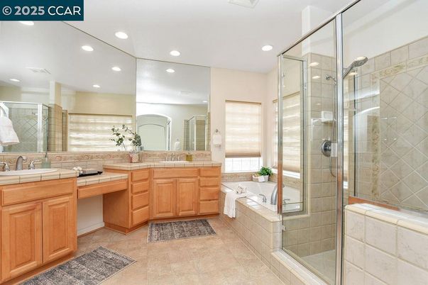 Bathroom, Dual Sink Vanities, Glass Shower, Interior, Recessed Lighting, Tile Countertops