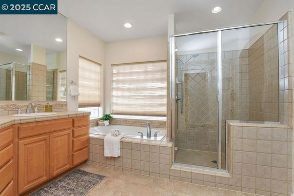 Bathroom, Glass Shower, Interior, Recessed Lighting, Tile Countertops